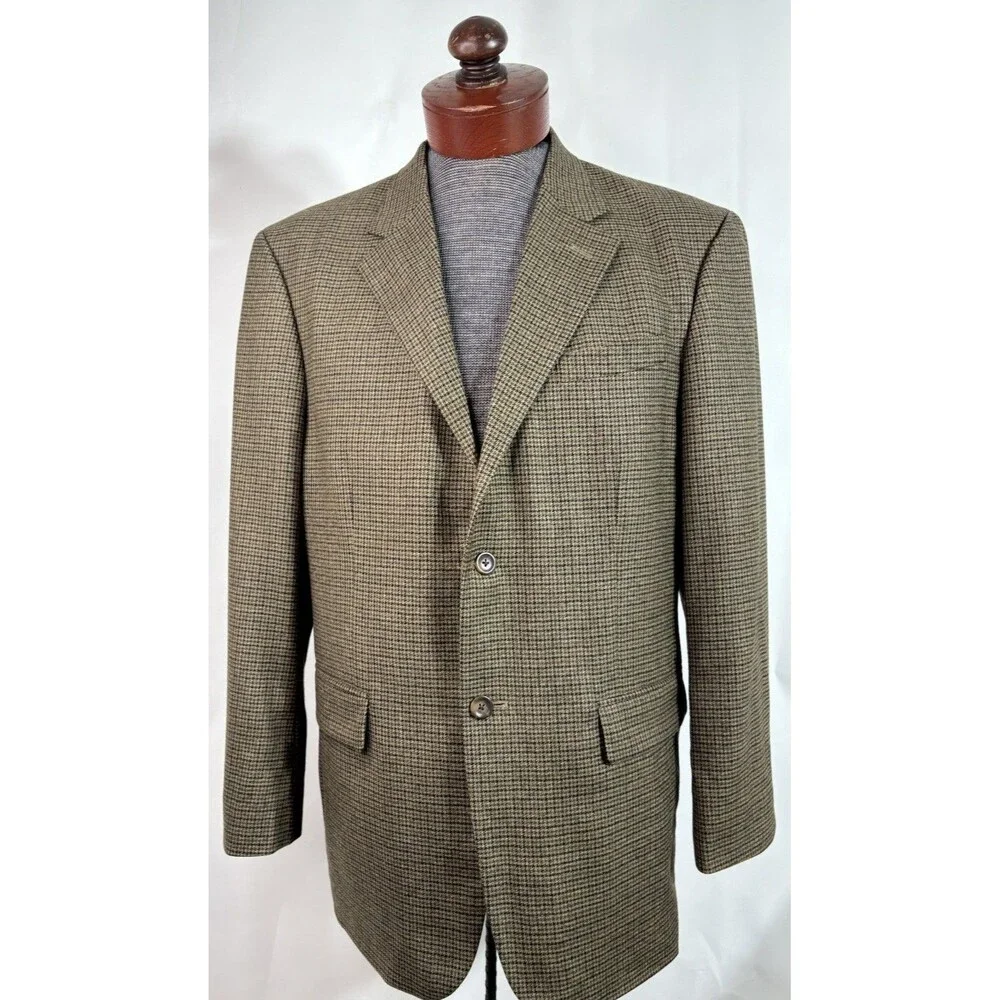 Vtg Oscar De La Renta Blazer Coat Mens 42R Olive Green Plaid Cashmere Wool Blend